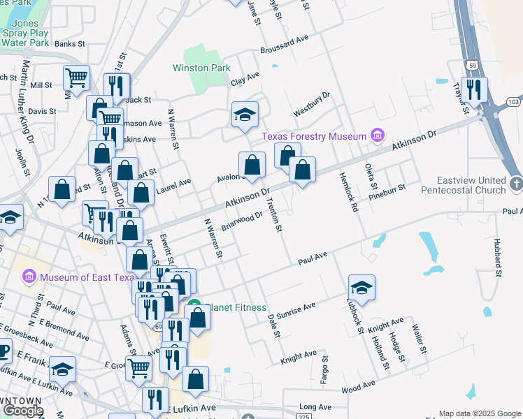 map of restaurants, bars, coffee shops, grocery stores, and more near 1505 Briarwood Drive in Lufkin