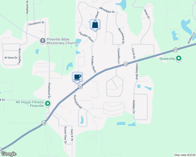 map of restaurants, bars, coffee shops, grocery stores, and more near Red Fox Circle in Pineville