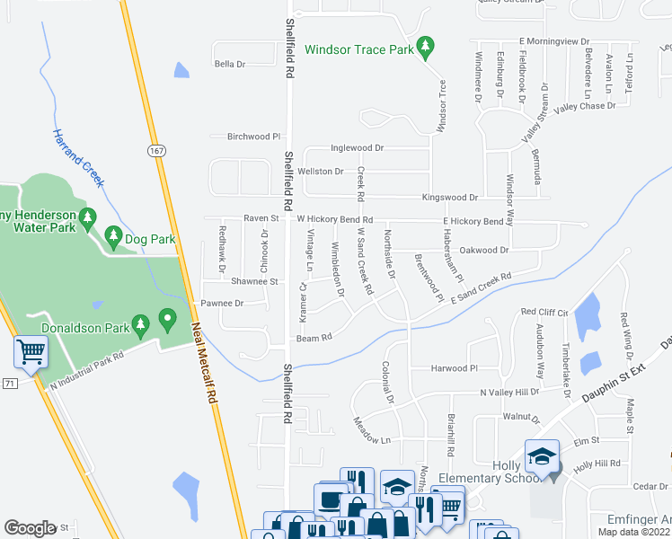 map of restaurants, bars, coffee shops, grocery stores, and more near 302 Wimbledon Drive in Enterprise