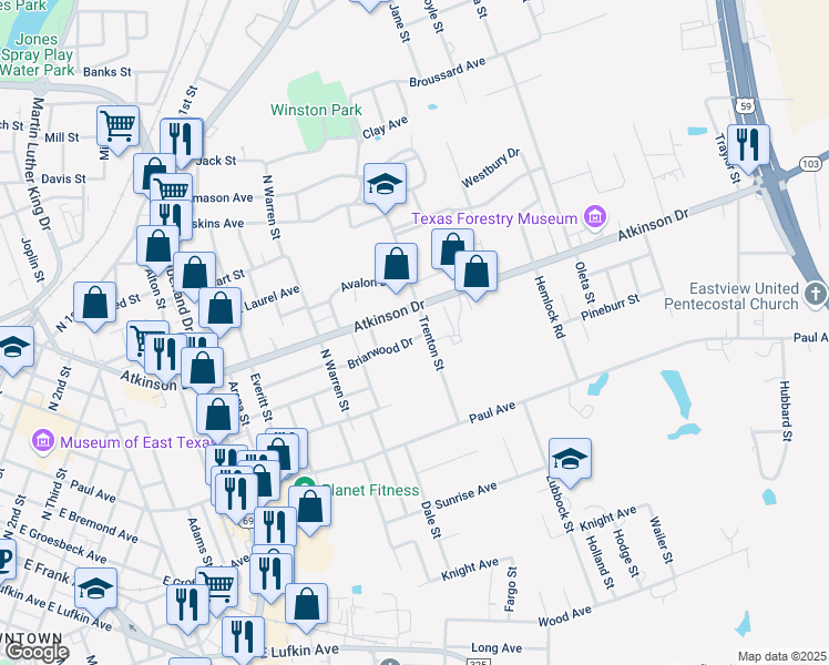 map of restaurants, bars, coffee shops, grocery stores, and more near 1507 Briarwood Drive in Lufkin