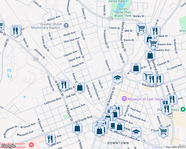 map of restaurants, bars, coffee shops, grocery stores, and more near 709 James Avenue in Lufkin