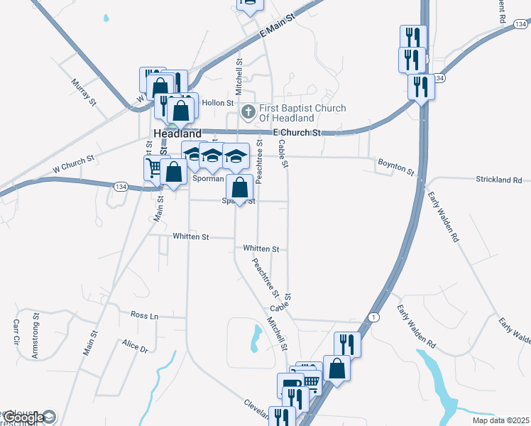 map of restaurants, bars, coffee shops, grocery stores, and more near 200 Sparks Street in Headland