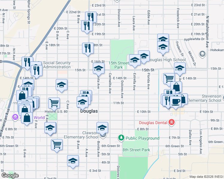 map of restaurants, bars, coffee shops, grocery stores, and more near 1301 13th Street in Douglas
