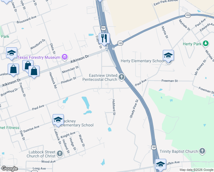 map of restaurants, bars, coffee shops, grocery stores, and more near 2305 Paul Avenue in Lufkin