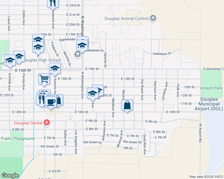 map of restaurants, bars, coffee shops, grocery stores, and more near 2350 East 12th Street in Douglas