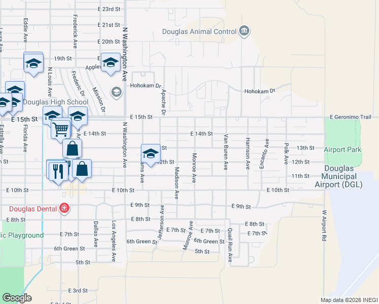 map of restaurants, bars, coffee shops, grocery stores, and more near 2456 East 12th Street in Douglas
