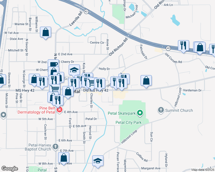 map of restaurants, bars, coffee shops, grocery stores, and more near 148 Old Corinth Road in Petal