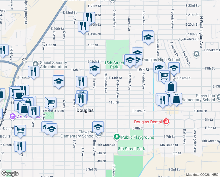 map of restaurants, bars, coffee shops, grocery stores, and more near 1301 13th Street in Douglas