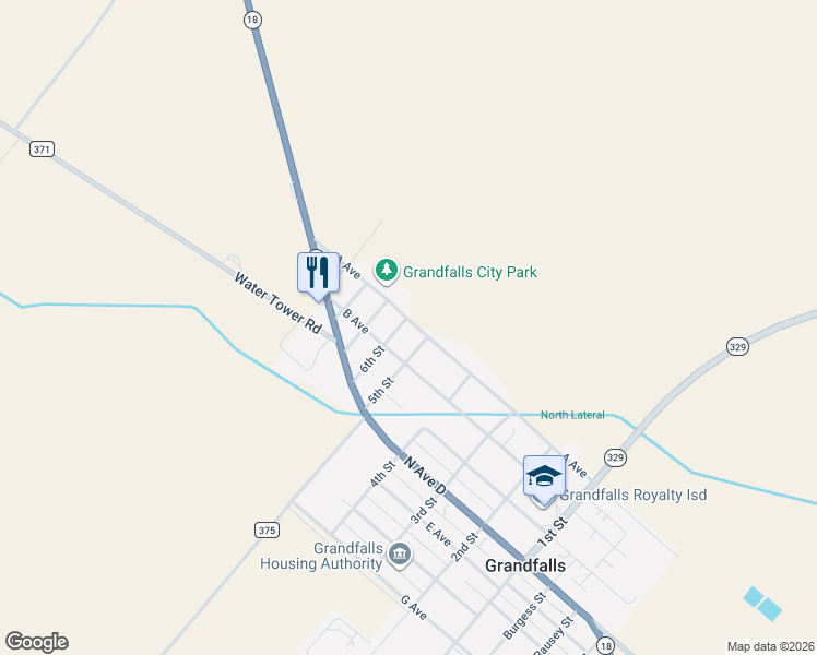 map of restaurants, bars, coffee shops, grocery stores, and more near 101-199 6th Street in Grandfalls