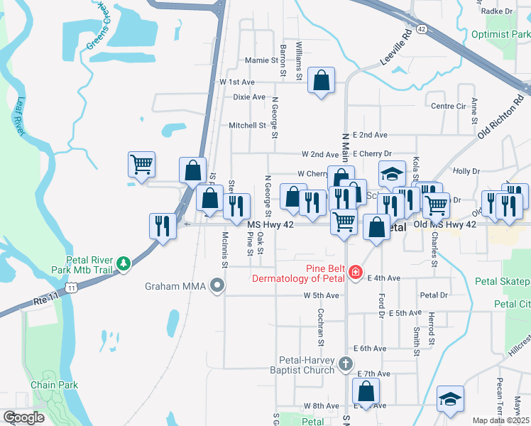 map of restaurants, bars, coffee shops, grocery stores, and more near 26 North George Street in Petal