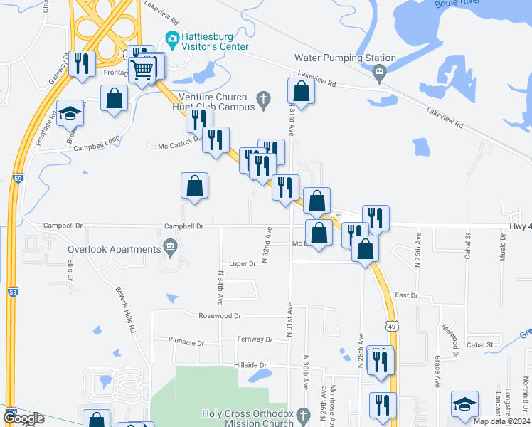 map of restaurants, bars, coffee shops, grocery stores, and more near 200 Blue Gable Road in Hattiesburg