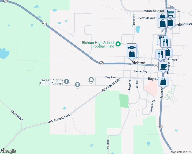 map of restaurants, bars, coffee shops, grocery stores, and more near 300 Mayhaw Street in Richton
