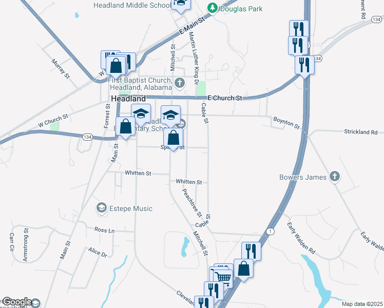 map of restaurants, bars, coffee shops, grocery stores, and more near 200 Sparks Street in Headland