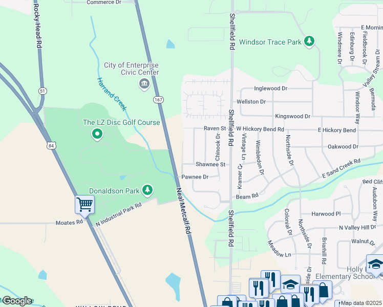 map of restaurants, bars, coffee shops, grocery stores, and more near 1921 Redhawk Drive in Enterprise