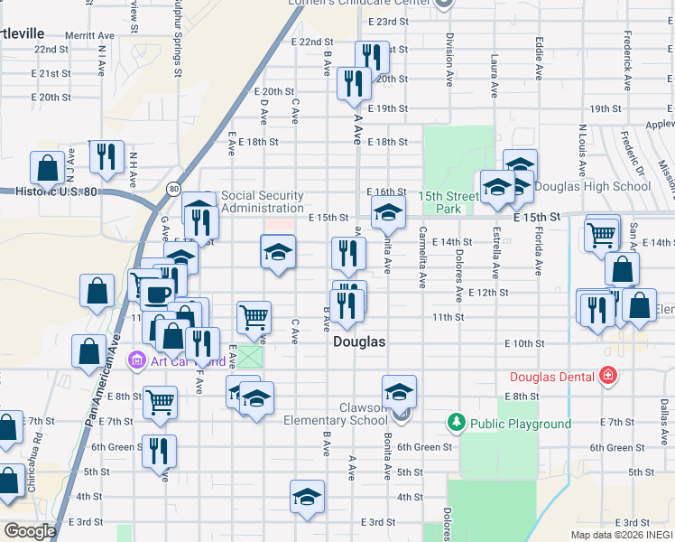 map of restaurants, bars, coffee shops, grocery stores, and more near 1227 B Avenue in Douglas