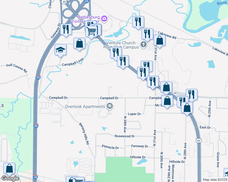 map of restaurants, bars, coffee shops, grocery stores, and more near 22 Campbell Scenic Drive in Hattiesburg