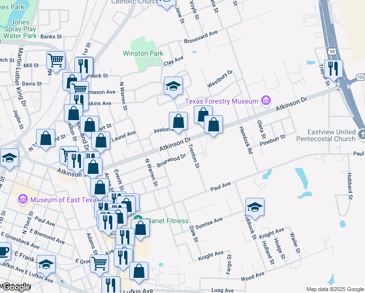 map of restaurants, bars, coffee shops, grocery stores, and more near 1416 Atkinson Drive in Lufkin