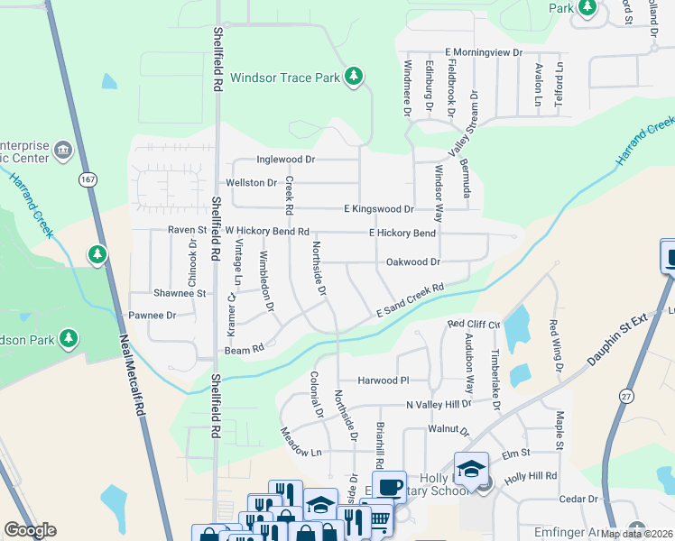 map of restaurants, bars, coffee shops, grocery stores, and more near 102 Brentwood Place in Enterprise