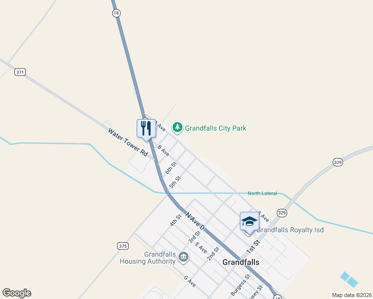map of restaurants, bars, coffee shops, grocery stores, and more near 101 6th Street in Grandfalls