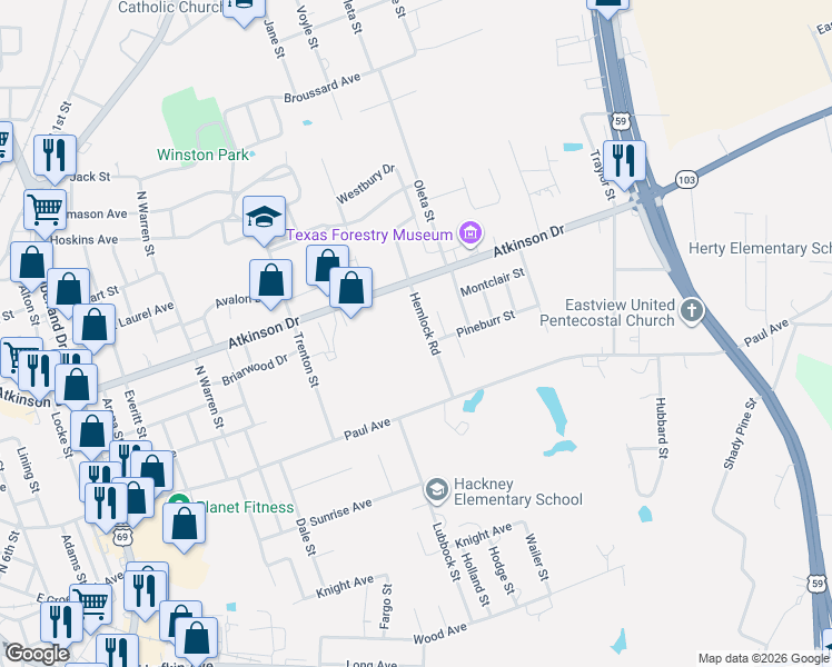 map of restaurants, bars, coffee shops, grocery stores, and more near 201 Hemlock Road in Lufkin