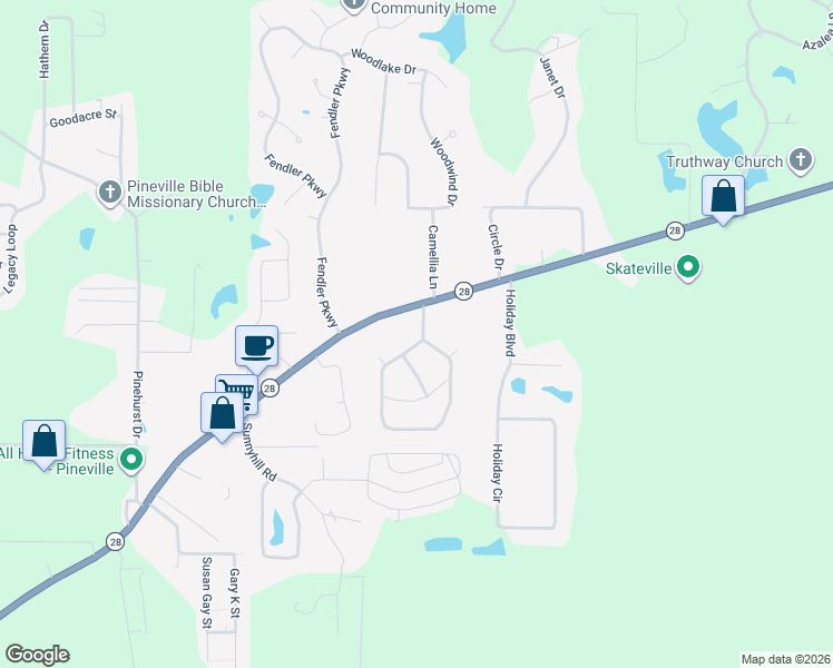 map of restaurants, bars, coffee shops, grocery stores, and more near 148-170 Choctaw Drive in Pineville