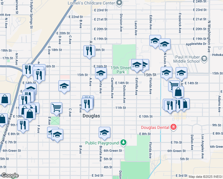 map of restaurants, bars, coffee shops, grocery stores, and more near 1250 East 13th Street in Douglas