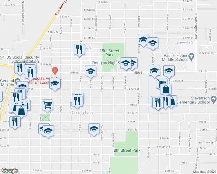map of restaurants, bars, coffee shops, grocery stores, and more near 1374 East 13th Street in Douglas