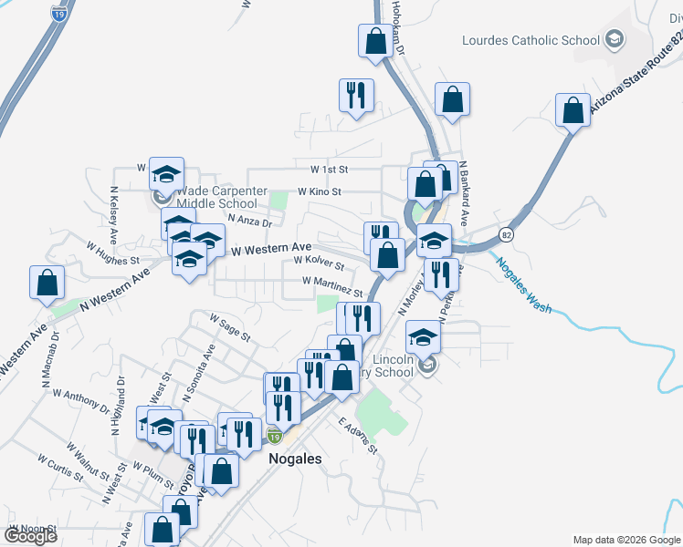 map of restaurants, bars, coffee shops, grocery stores, and more near 232 West Kolver Street in Nogales