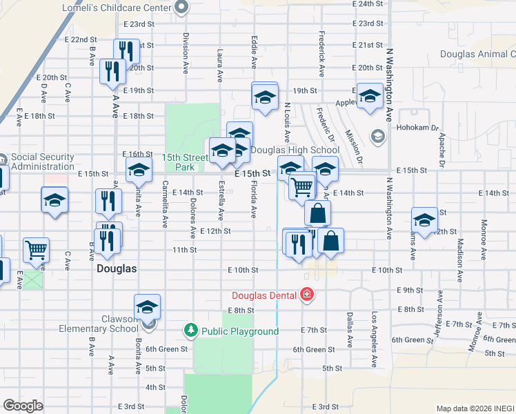 map of restaurants, bars, coffee shops, grocery stores, and more near 1301 Florida Avenue in Douglas