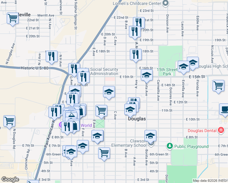 map of restaurants, bars, coffee shops, grocery stores, and more near 909 East 14th Street in Douglas