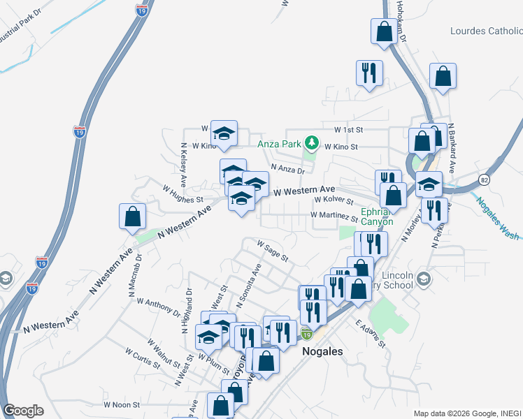 map of restaurants, bars, coffee shops, grocery stores, and more near 310 West Plum Street in Nogales