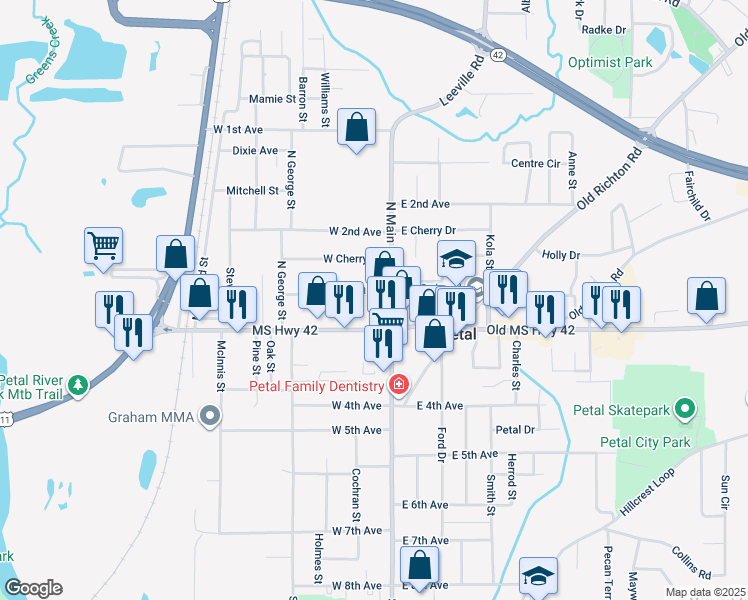 map of restaurants, bars, coffee shops, grocery stores, and more near 124 N Main St in Petal