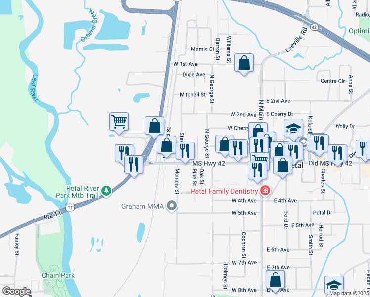 map of restaurants, bars, coffee shops, grocery stores, and more near 115 Stevens Street in Petal