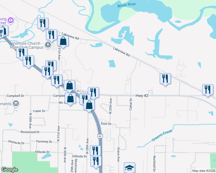 map of restaurants, bars, coffee shops, grocery stores, and more near 5056 Old Highway 42 in Hattiesburg