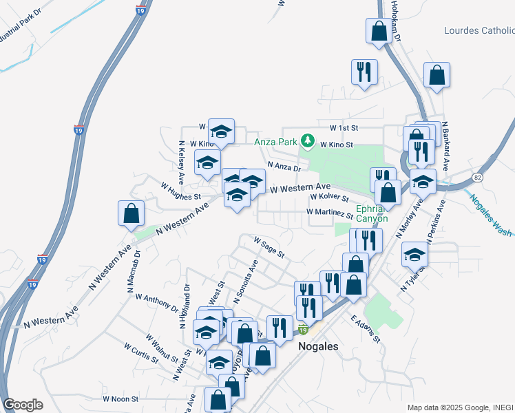 map of restaurants, bars, coffee shops, grocery stores, and more near 855 North Bautista Street in Nogales