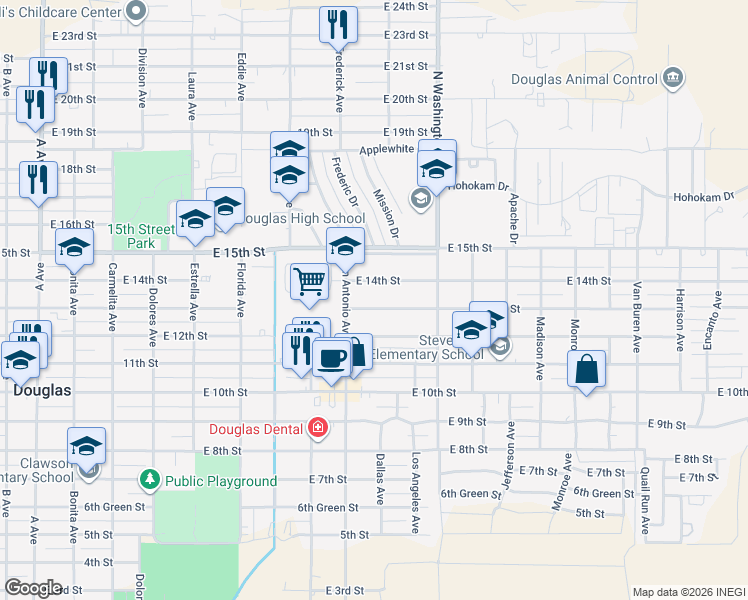 map of restaurants, bars, coffee shops, grocery stores, and more near 1929 14th Street in Douglas