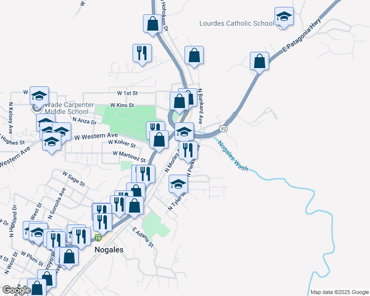 map of restaurants, bars, coffee shops, grocery stores, and more near 850 North Morley Avenue in Nogales