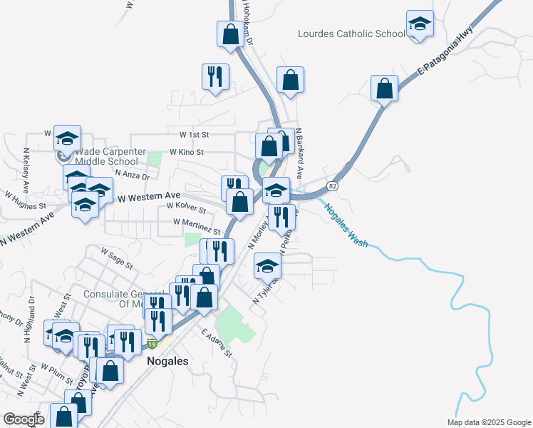 map of restaurants, bars, coffee shops, grocery stores, and more near 331 North Morley Avenue in Nogales