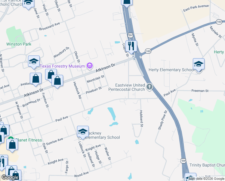map of restaurants, bars, coffee shops, grocery stores, and more near 310 Randybrook Drive in Lufkin