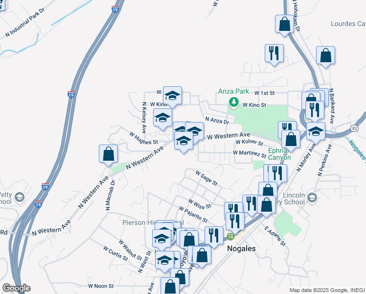 map of restaurants, bars, coffee shops, grocery stores, and more near 855 North Bautista Street in Nogales