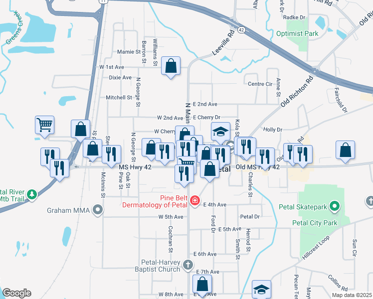map of restaurants, bars, coffee shops, grocery stores, and more near 124 N Main St in Petal