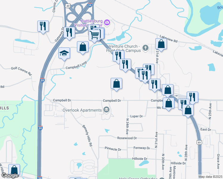 map of restaurants, bars, coffee shops, grocery stores, and more near 22 Campbell Scenic Drive in Hattiesburg