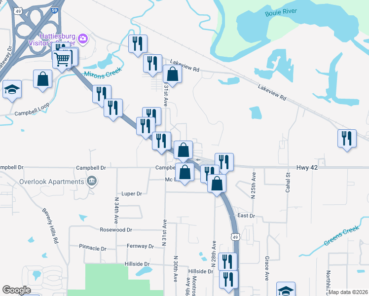 map of restaurants, bars, coffee shops, grocery stores, and more near 6490 U.S. 49 in Hattiesburg