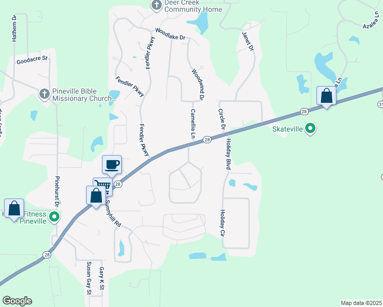 map of restaurants, bars, coffee shops, grocery stores, and more near 5106 Louisiana 28 in Pineville