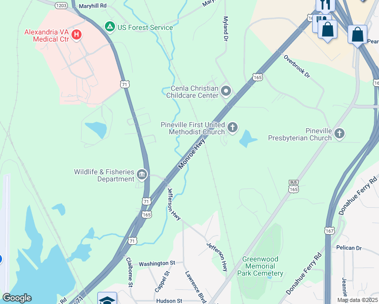 map of restaurants, bars, coffee shops, grocery stores, and more near U.S. 165 in Pineville