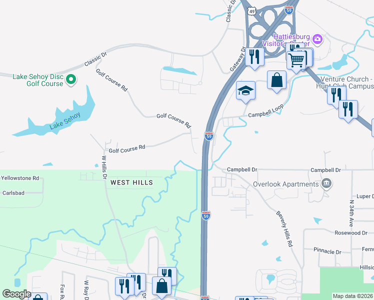 map of restaurants, bars, coffee shops, grocery stores, and more near 16 Golf Course Road in Hattiesburg