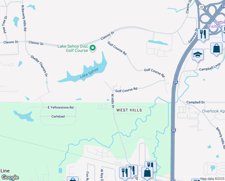 map of restaurants, bars, coffee shops, grocery stores, and more near 399 West Hills Drive in Hattiesburg