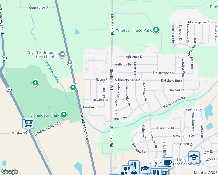 map of restaurants, bars, coffee shops, grocery stores, and more near 2061 Shellfield Road in Enterprise