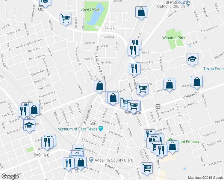 map of restaurants, bars, coffee shops, grocery stores, and more near 1108 North 1st Street in Lufkin