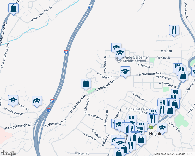 map of restaurants, bars, coffee shops, grocery stores, and more near 740 West Stephenson Street in Nogales